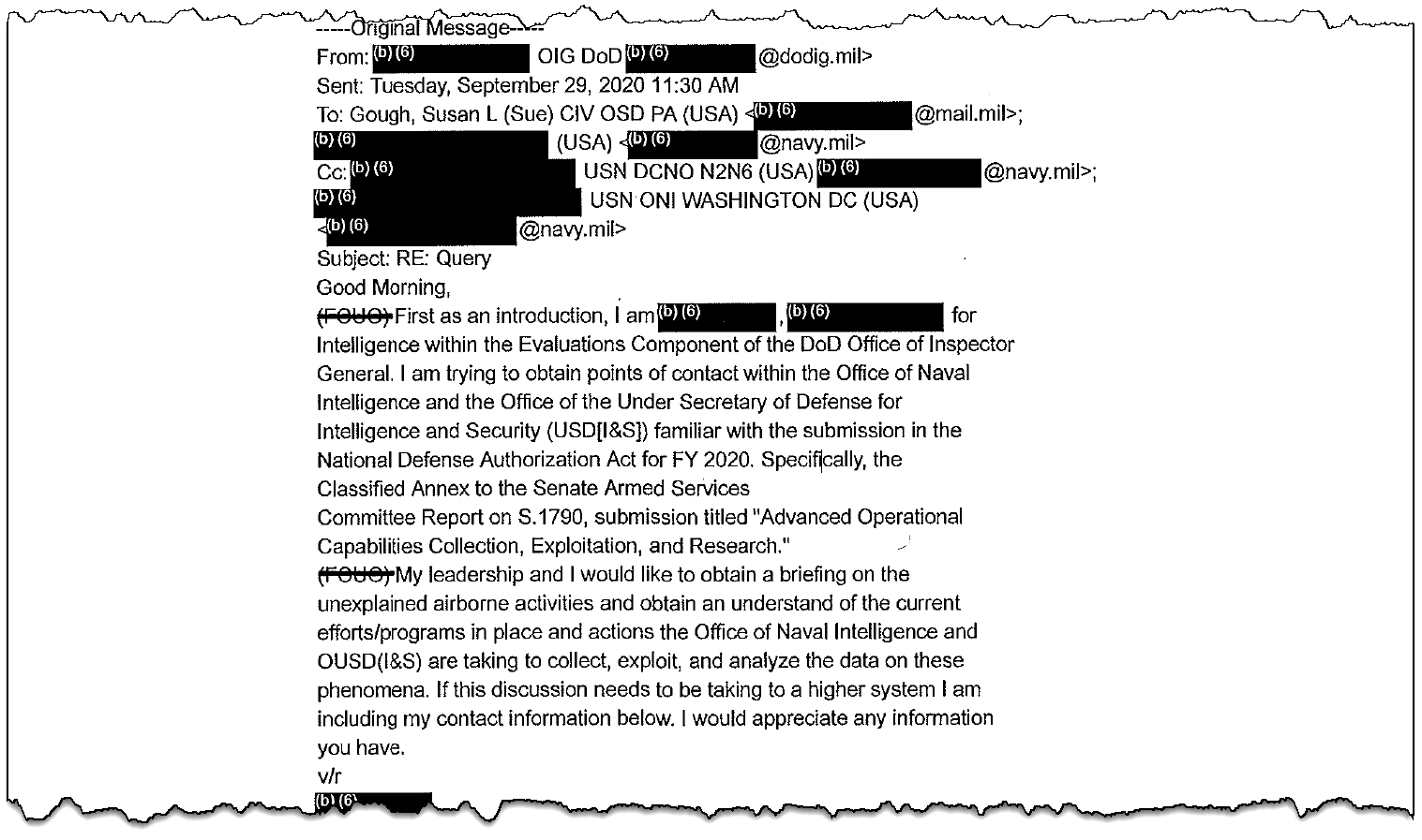 The DoD Inspector General’s Evaluation of the DoD’s Actions Regarding Unidentified Aerial Phenomena