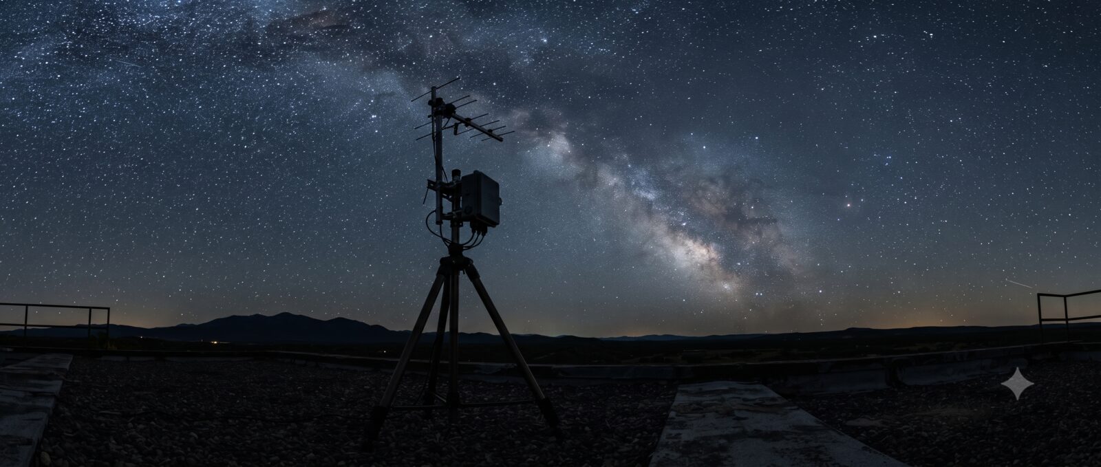 A radio antenna and weatherproof electronics box on a rooftop tripod, silhouetted against a starry night sky