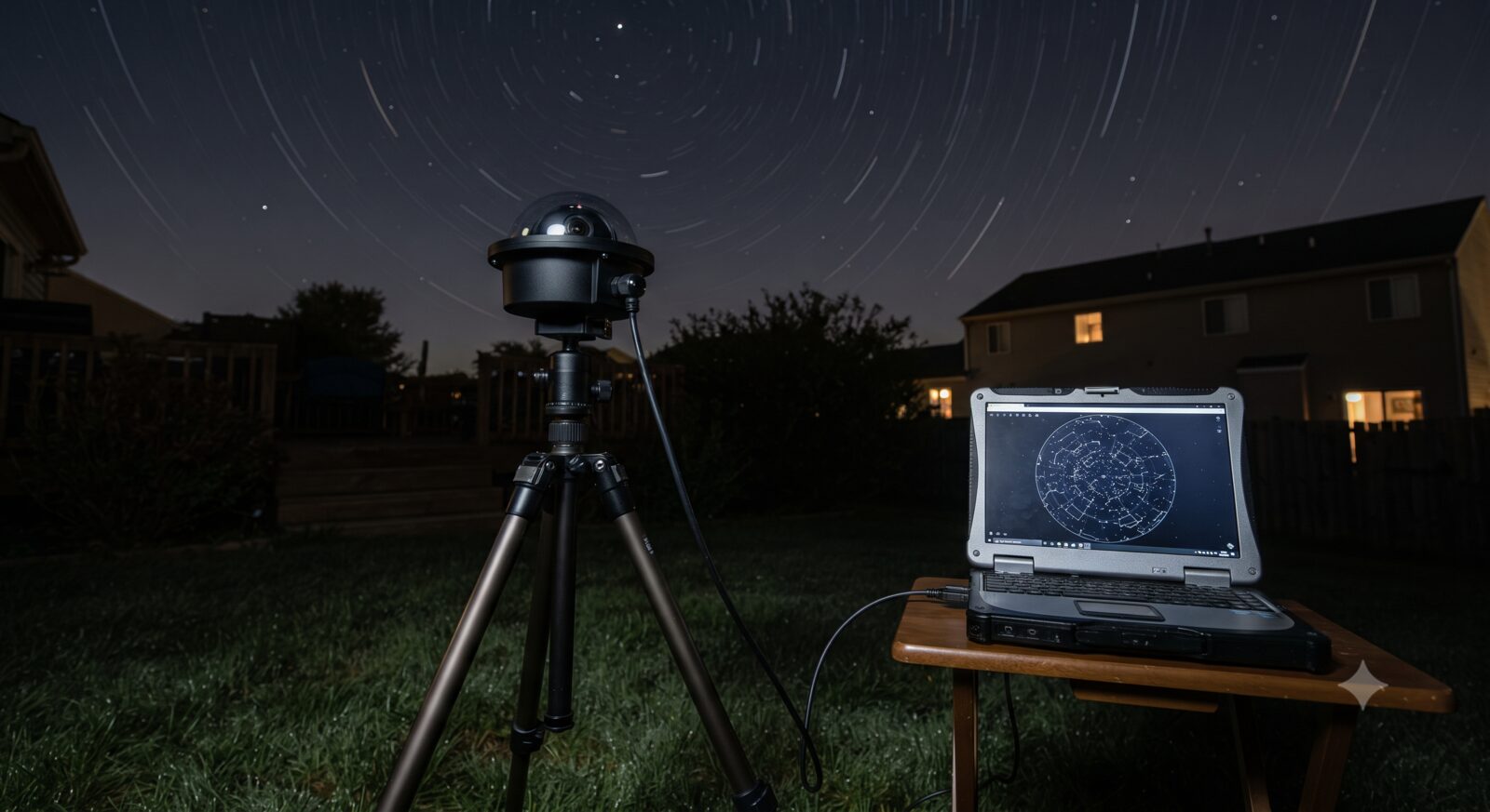A weatherproof all-sky dome camera in a backyard at night under a long-exposure star trail sky