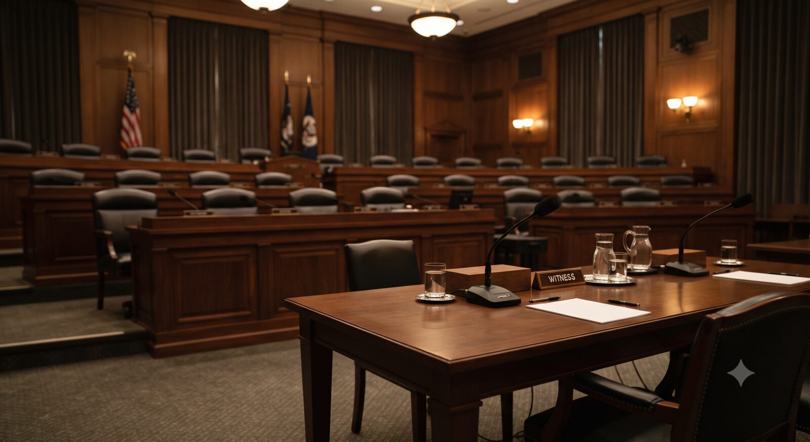 An empty formal congressional hearing room with a witness table and committee dais