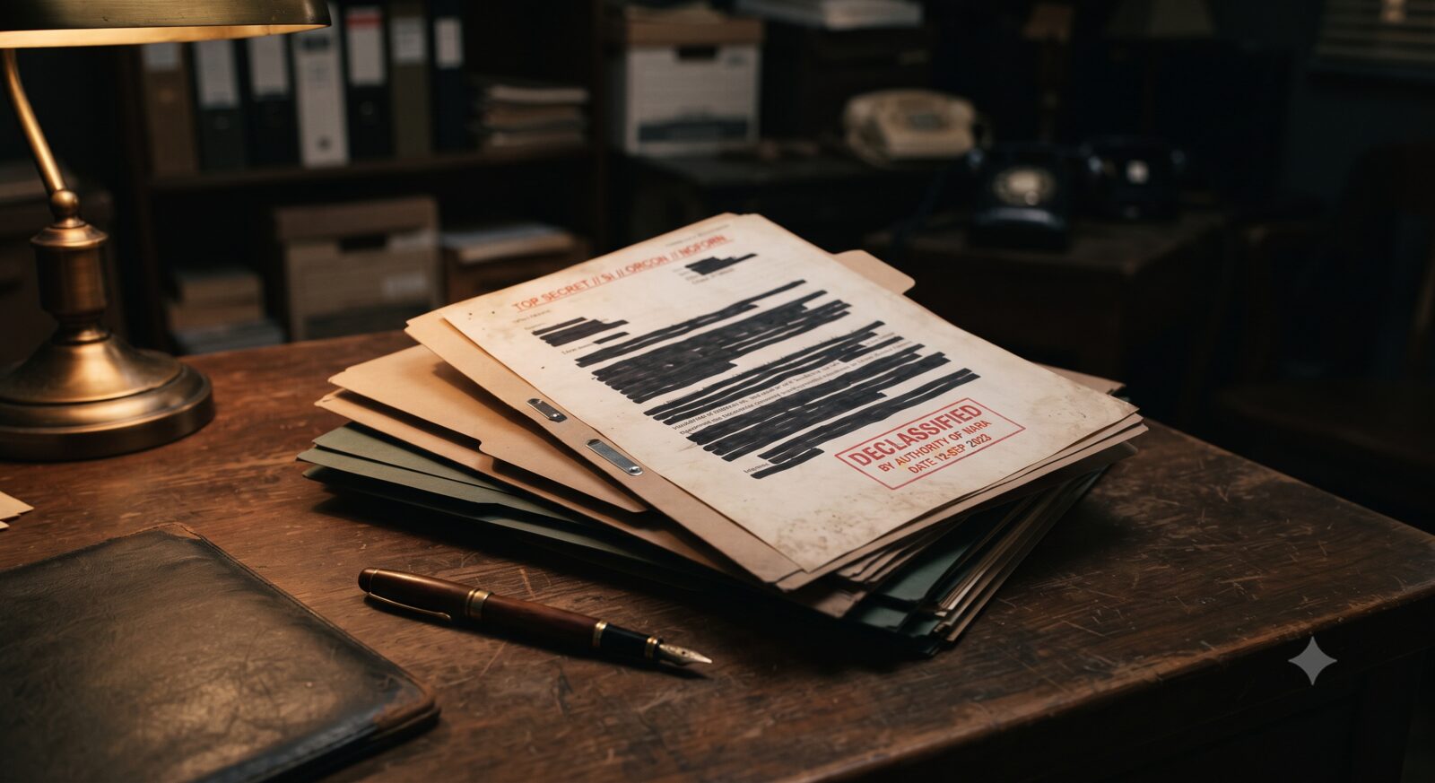 A folder of official documents stamped declassified with heavy black redaction bars visible