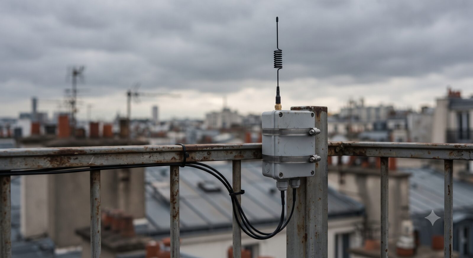 A small LoRa radio antenna mounted on a weatherproof enclosure on a rooftop railing