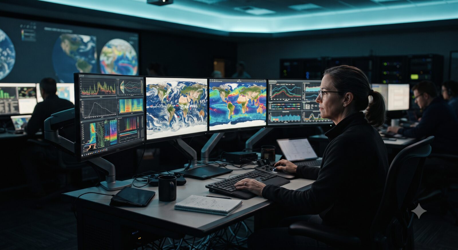 A scientific data-analysis workstation with monitors showing Earth satellite imagery and sensor graphs